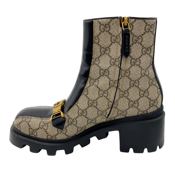 GUCCI DARK BEIGE GG SUPREME HORSEBIT INTERLOCKING G ANKLE BOOTS - Picture 3 of 10